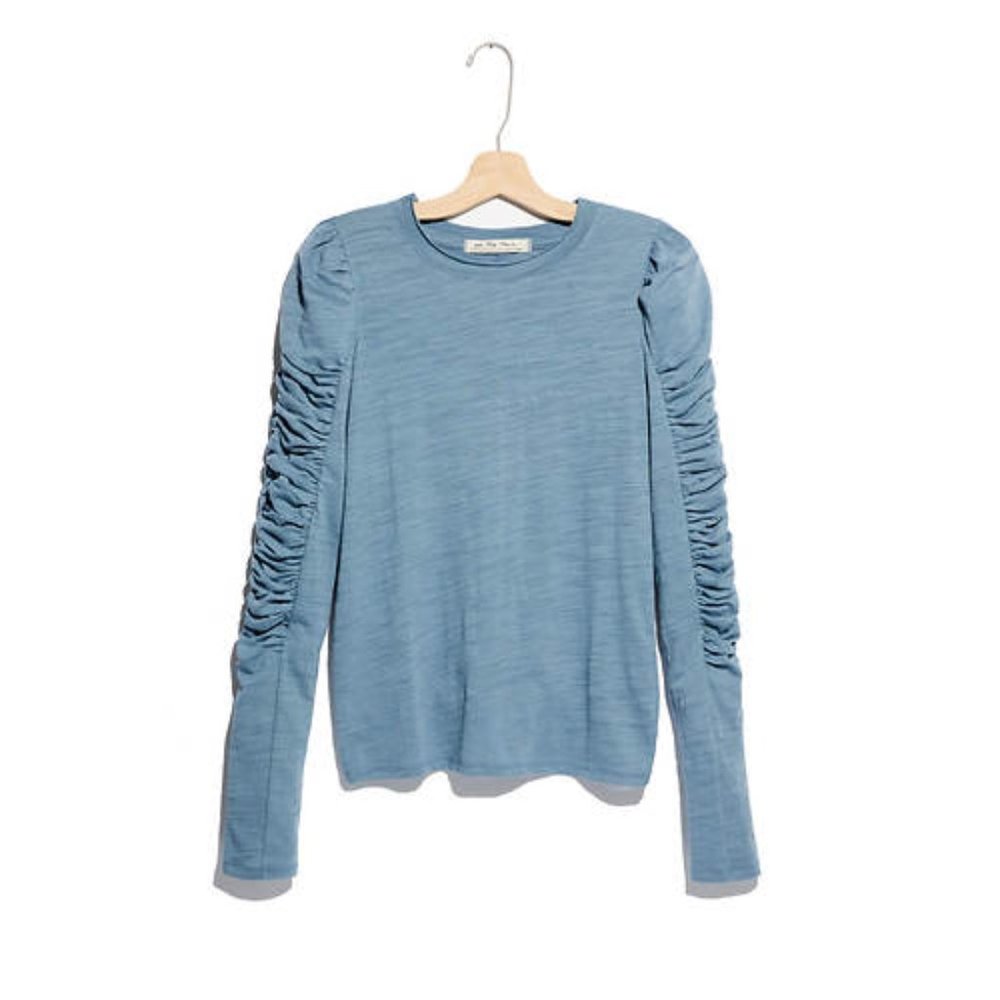 Free People Light Blue Ruched Long Sleeve Tee